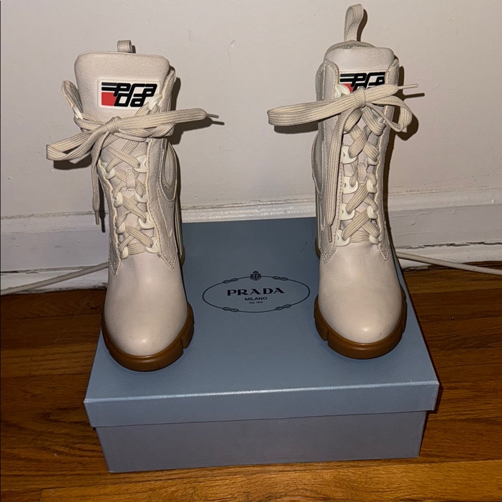 Prada Cream Lace-Up Boots with Chunky Sole
